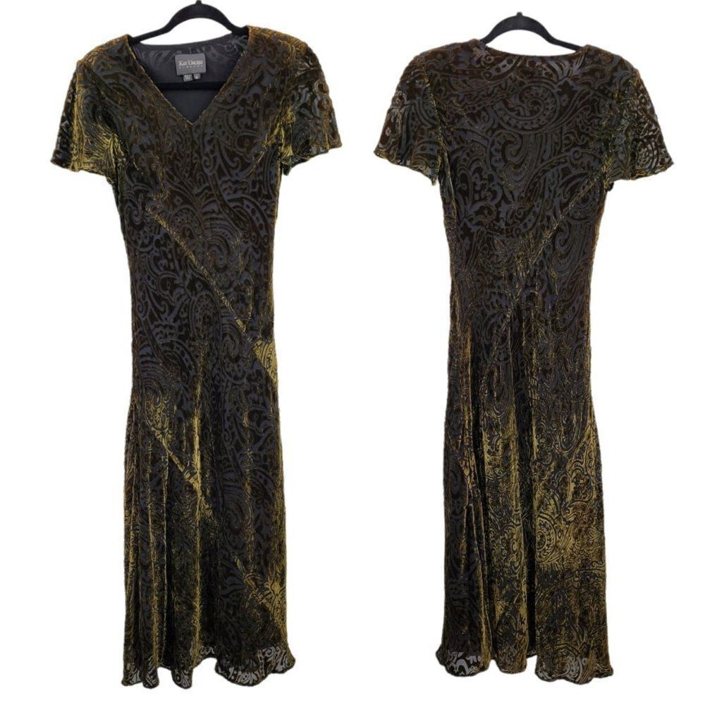 Vintage 80's Kay Unger Dress Formal Crushed Velvet Scroll Burnout Maxi Green 6